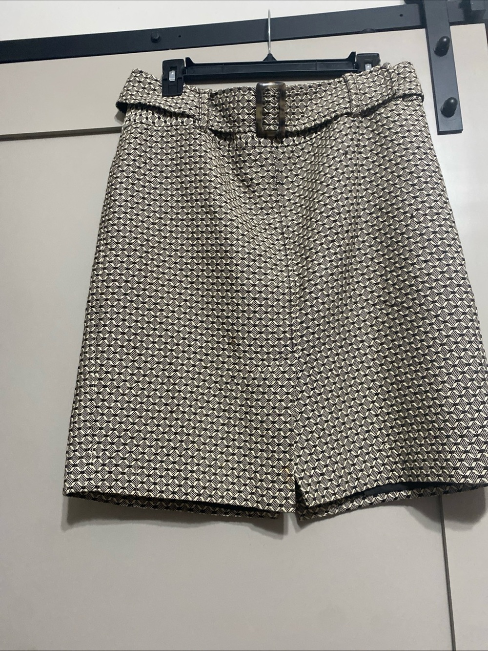Ann Taylor Beige and Black Geometric Pencil Skirt with Belt